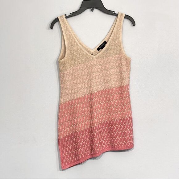 WHBM | Salmon Pink Gold Accented Sleeveless V-Neck Knit Top Asymmetrical Hem - Picture 1 of 15